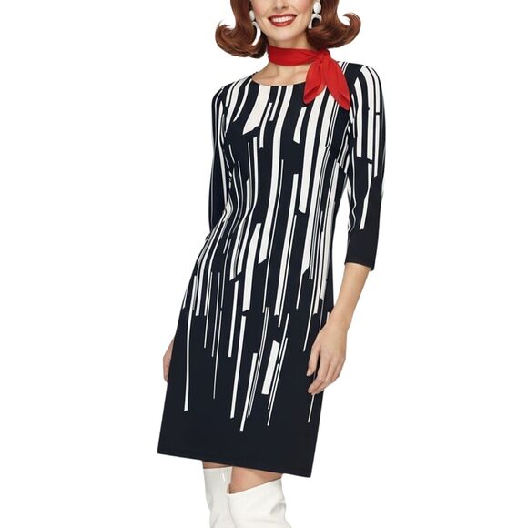 Nine West Black White Abstract Geometric Art Deco 60s Go-Go Mod Shift Dress Sz 4 - Picture 1 of 13